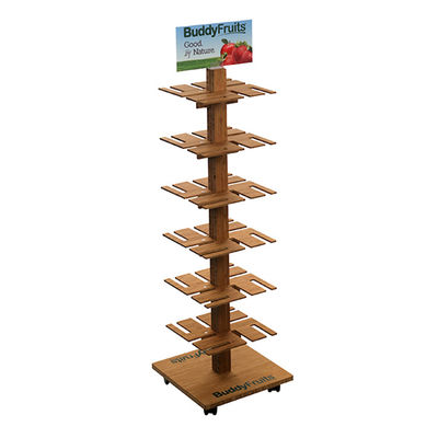 4 Sided Revolving Display Stand Wooden Fruit Display Shelf with Wheels