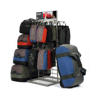 Three Sided Retail Clothing Rack Free Standing Metal Rack Backpack Display Rack